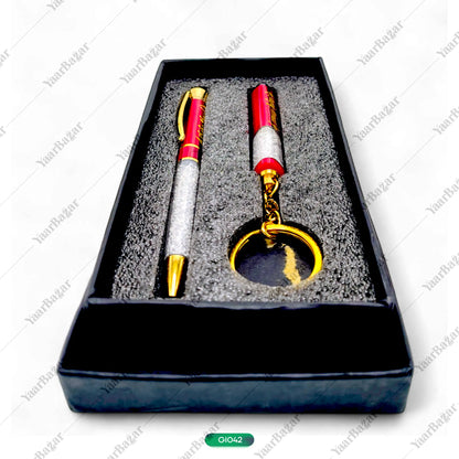 Name Customised Diamond Top Red Ball Pen & Keychain Combo