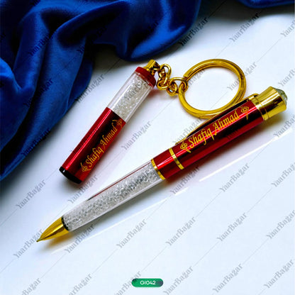 Name Customised Diamond Top Red Ball Pen & Keychain Combo