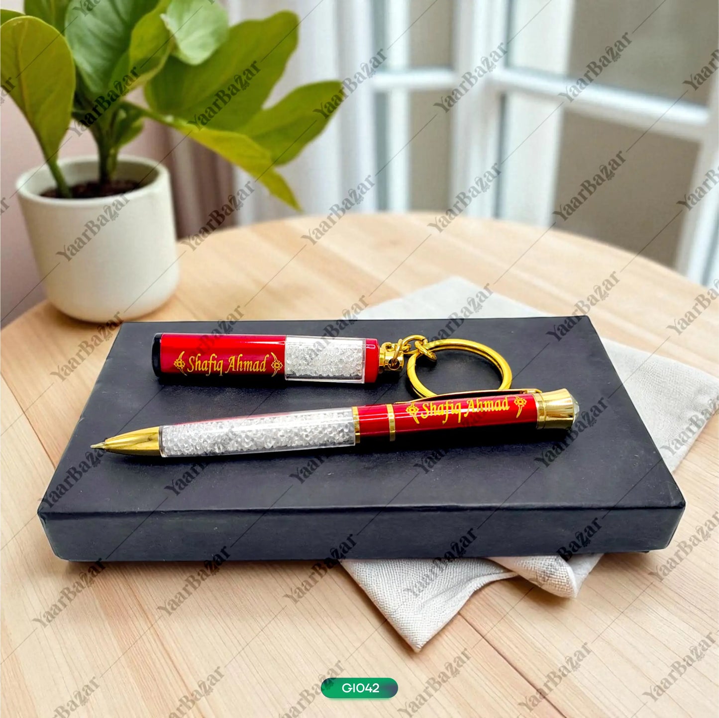 Name Customised Diamond Top Red Ball Pen & Keychain Combo