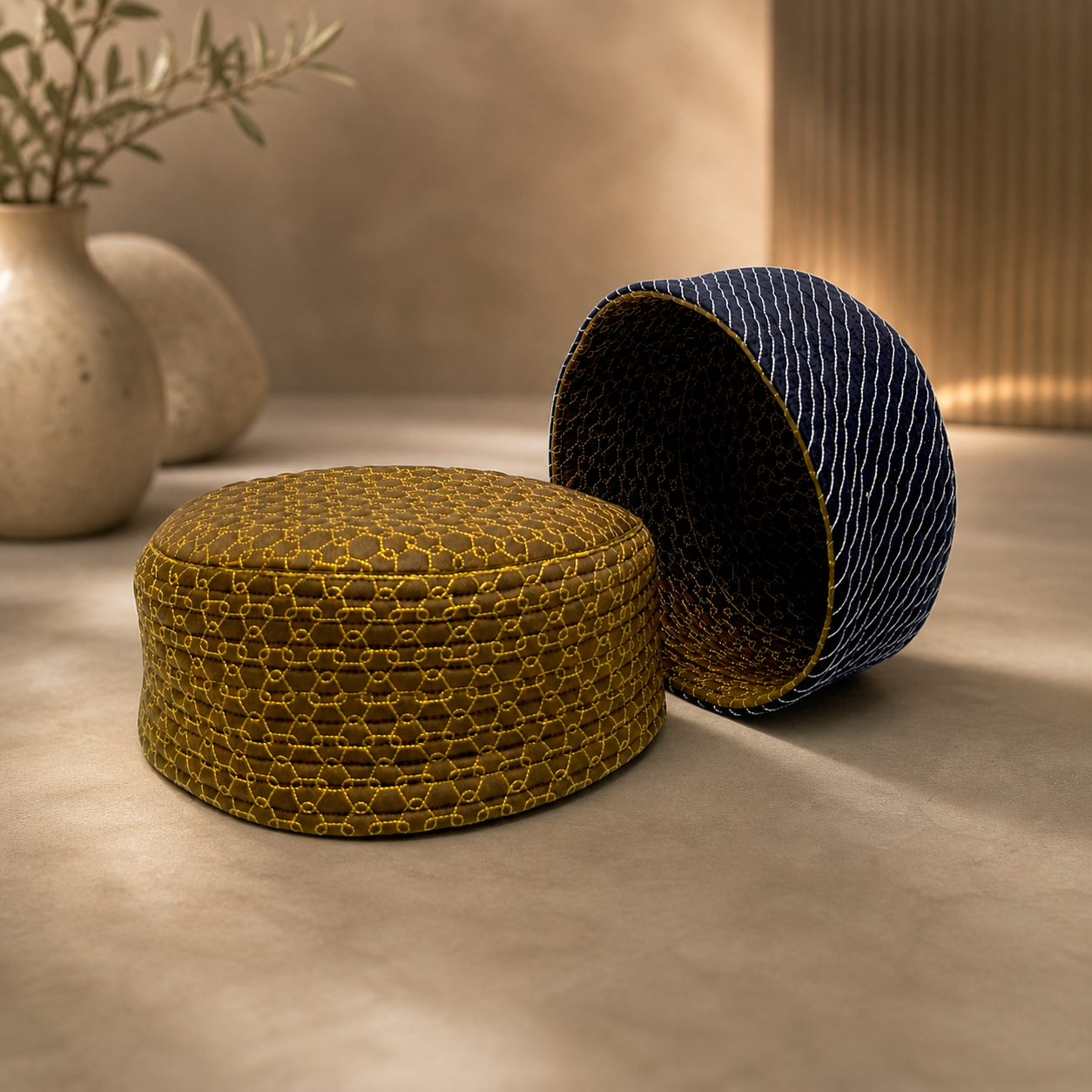 GeoWeave Reversible Prayer Topi | Dual Design Geometric & Chevron Stitch Namaz Cap