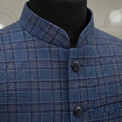 Classic Checkered Men’s Waistcoat | Band Collar Sadri