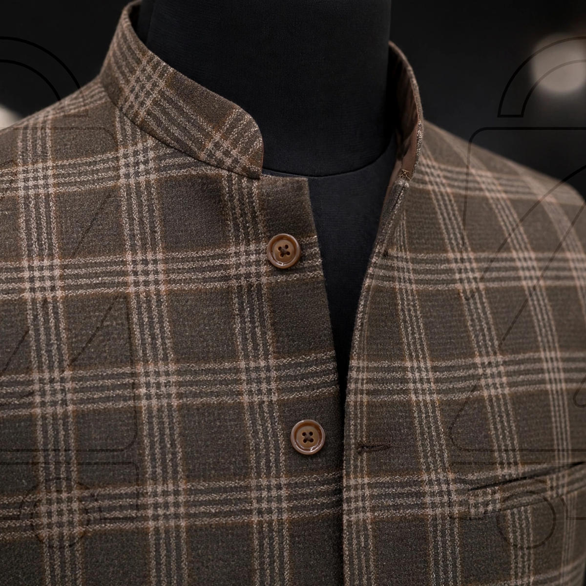 Classic Checkered Men’s Waistcoat | Band Collar Sadri