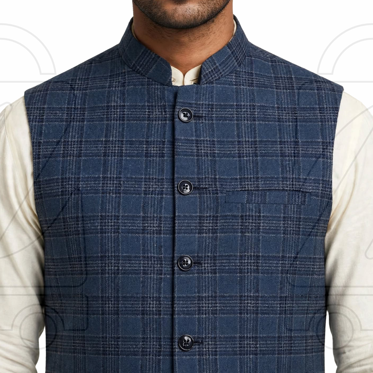 Classic Checkered Men’s Waistcoat | Band Collar Sadri