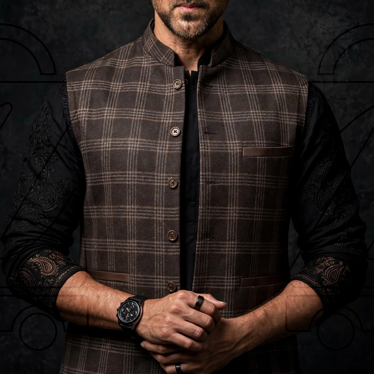 Classic Checkered Men’s Waistcoat | Band Collar Sadri