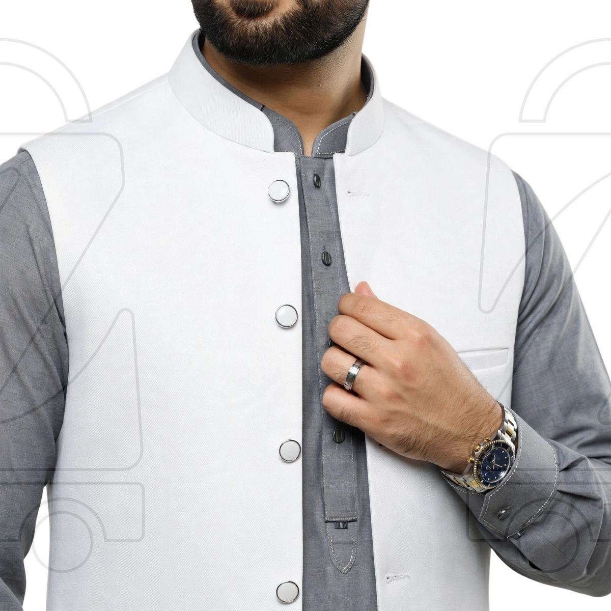 Nawabi Cut Sadri | Classic Band Collar Traditional Waistcoat