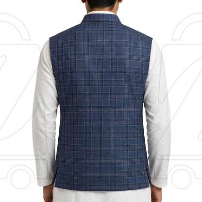 Classic Checkered Men’s Waistcoat | Band Collar Sadri