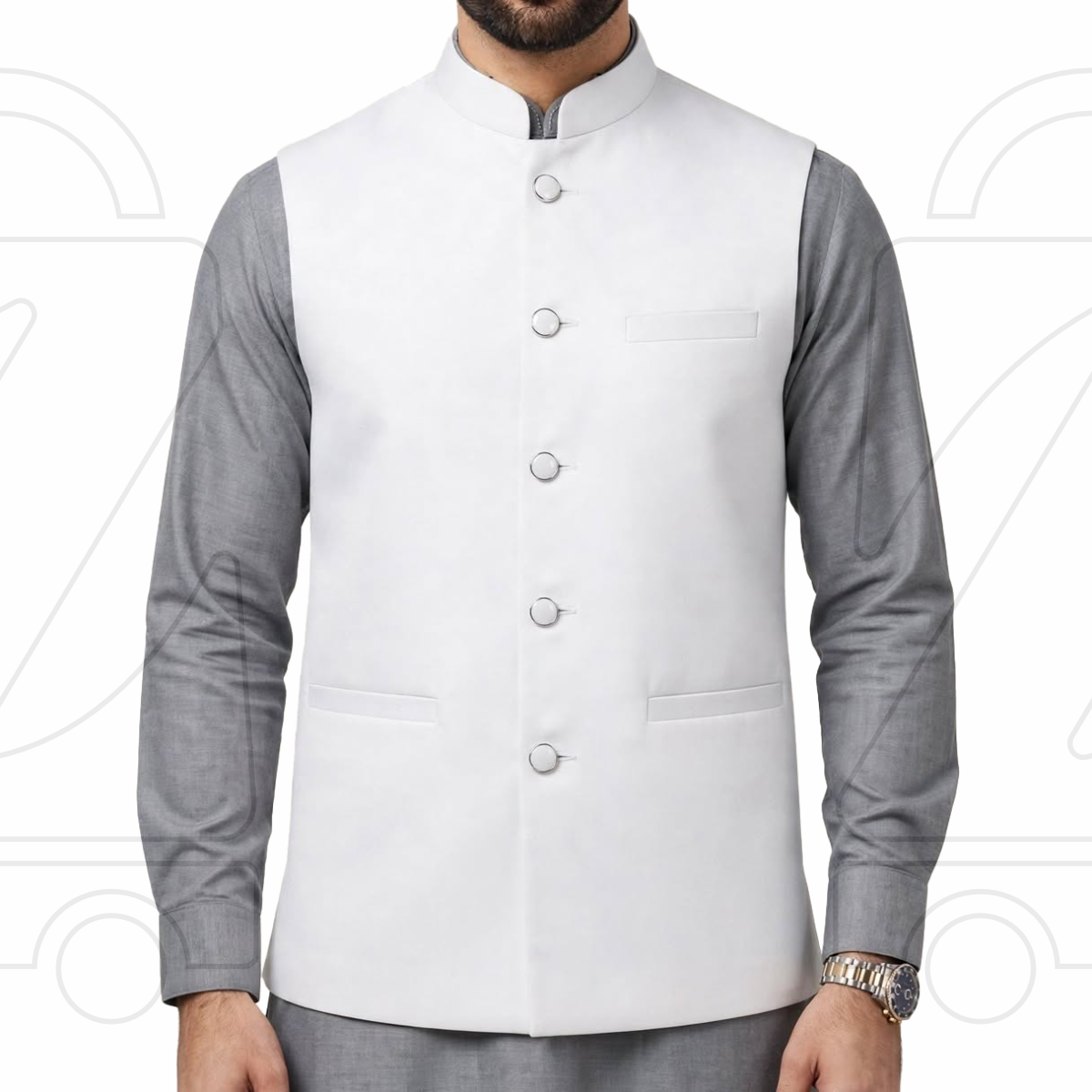 Nawabi Cut Sadri | Classic Band Collar Traditional Waistcoat
