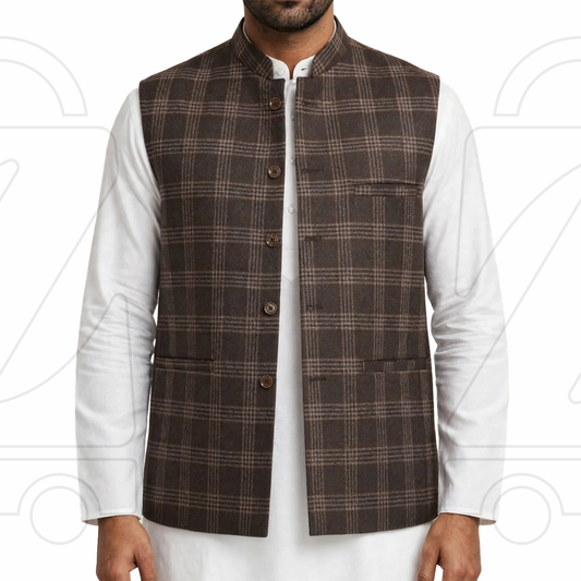 Classic Checkered Men’s Waistcoat | Band Collar Sadri