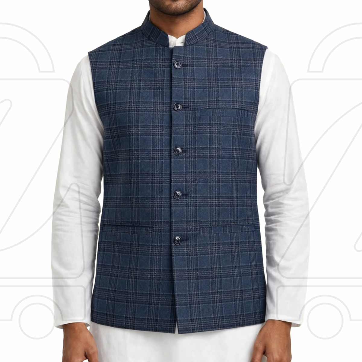 Classic Checkered Men’s Waistcoat | Band Collar Sadri