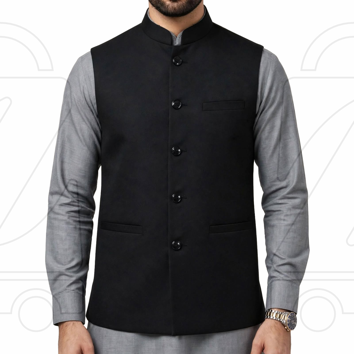 Nawabi Cut Sadri | Classic Band Collar Traditional Waistcoat