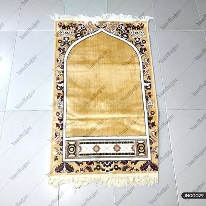 Golden Velvet Prayer Rug with Floral Border – Muslim Prayer Mat
