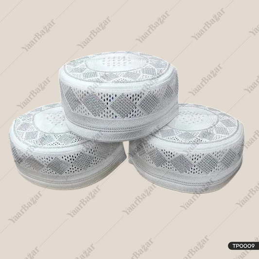 White Cotton Topi For Men |Traditional Embroidery Muslim Cap