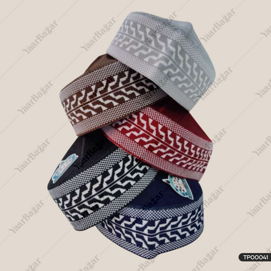 Polyester Mufti Cap | Woven Islamic Prayer Topi (Patta Design)