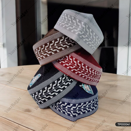 Polyester Mufti Cap | Woven Islamic Prayer Topi (Patta Design)