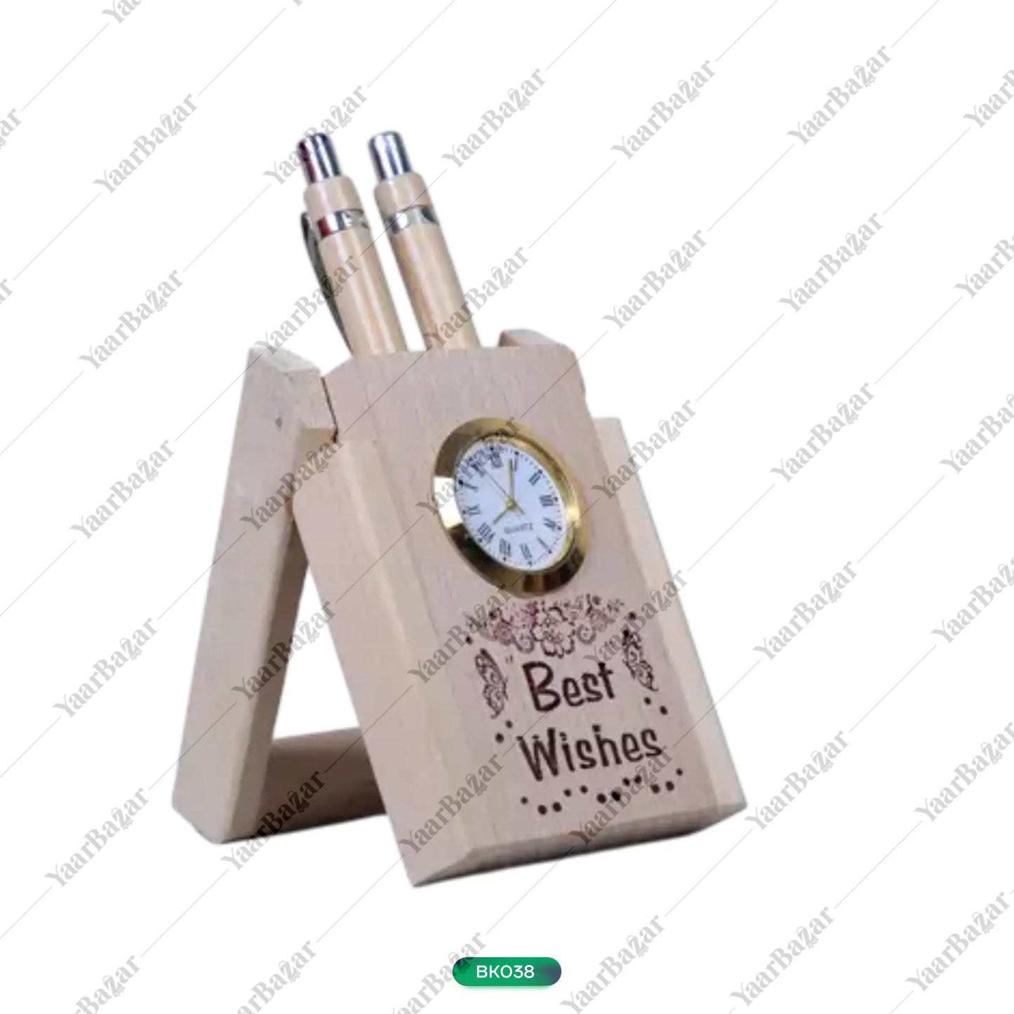 Wooden Desk Organizer with Clock & Pen Set