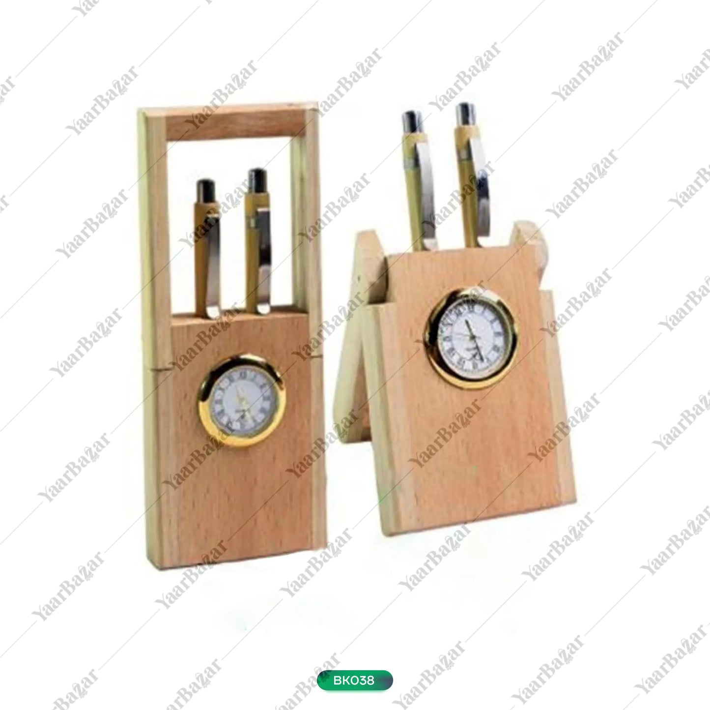 Wooden Desk Organizer with Clock & Pen Set