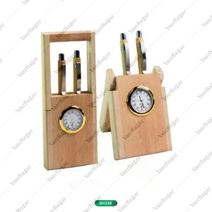 Wooden Desk Organizer with Clock & Pen Set