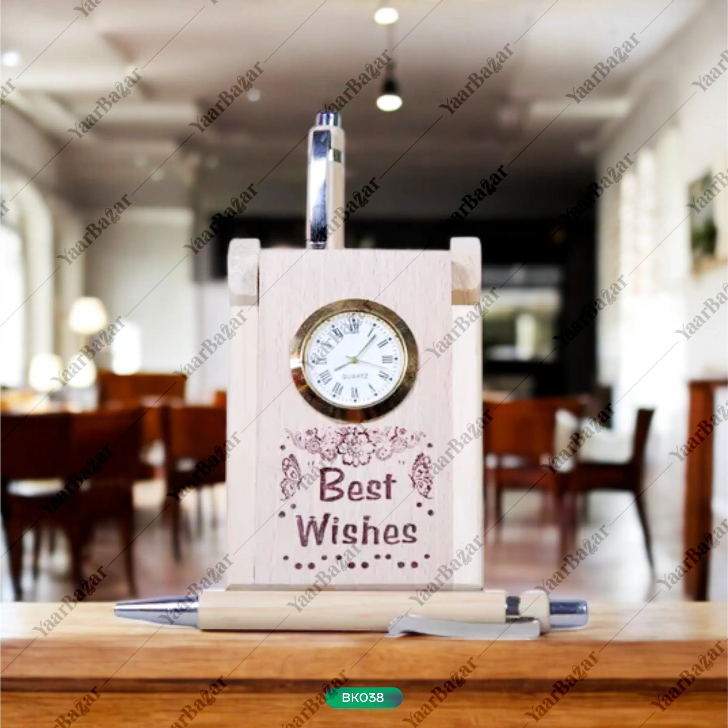 Wooden Desk Organizer with Clock & Pen Set