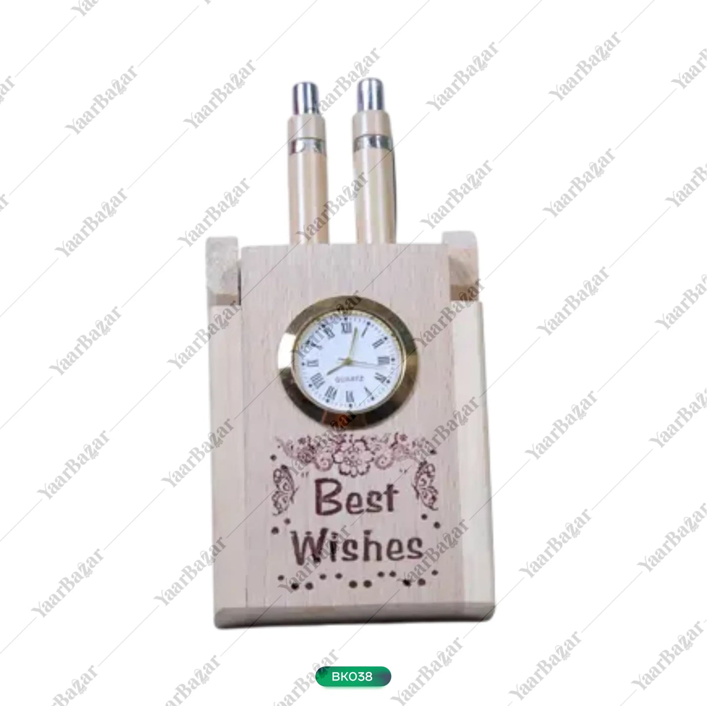 Wooden Desk Organizer with Clock & Pen Set